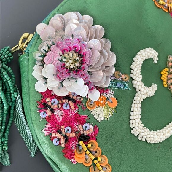 Anthropologie Monogram Green Floral Embellished Pouch NWT w/ defect Cottage Boho - Picture 2 of 11